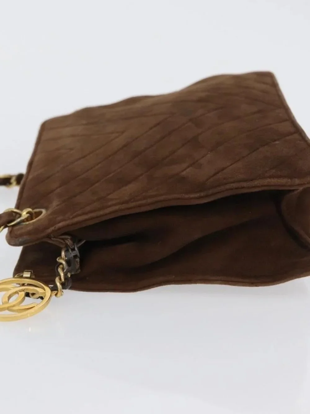 CHANEL V Stitched Chain Shoulder Bag Suede Brown Gold CC Auth 173313V